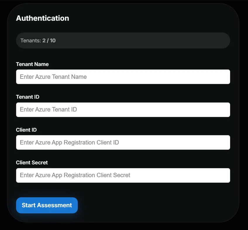 TENET settings page - Azure Credentials